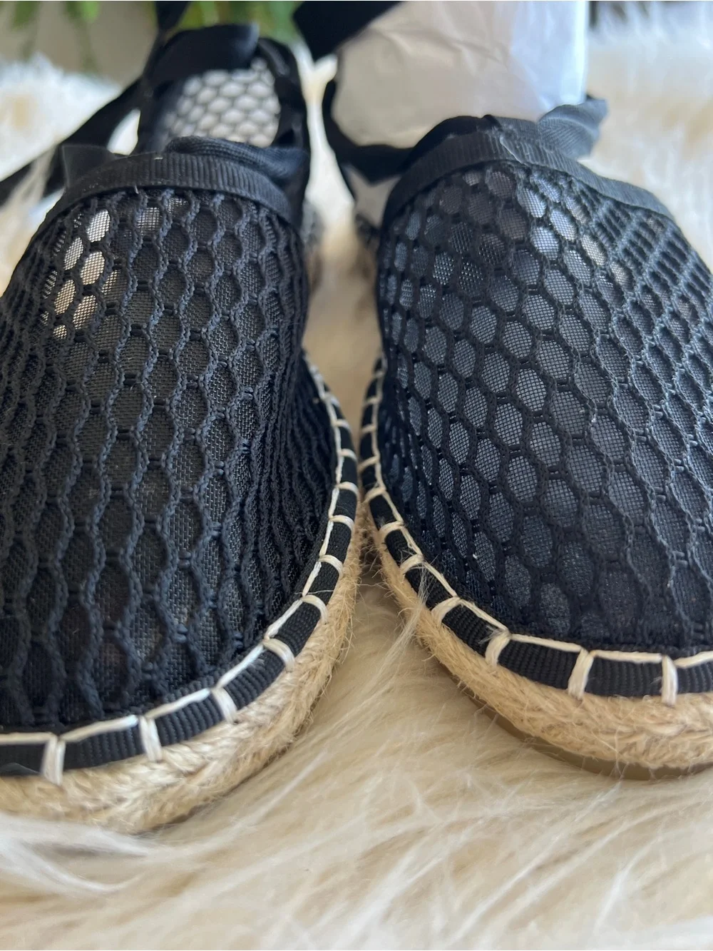 Black Lace-Up Mesh Espadrille Flats